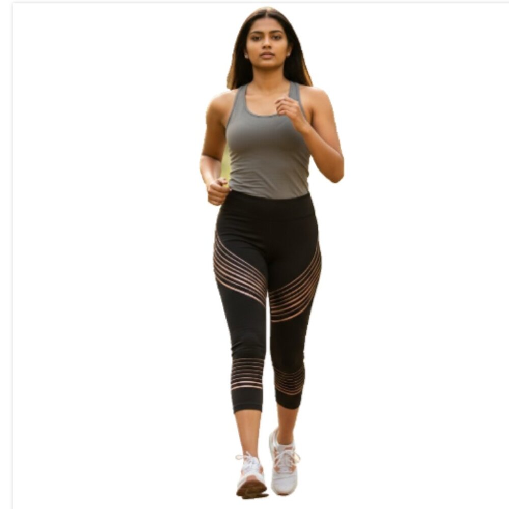 RBX Women's Capri Size Large Activewear Exercise Black with Pink Glitter Stripe